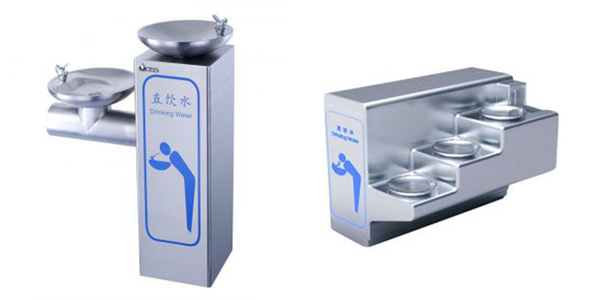 What is the filtration configuration of the school stone drinking fountain?