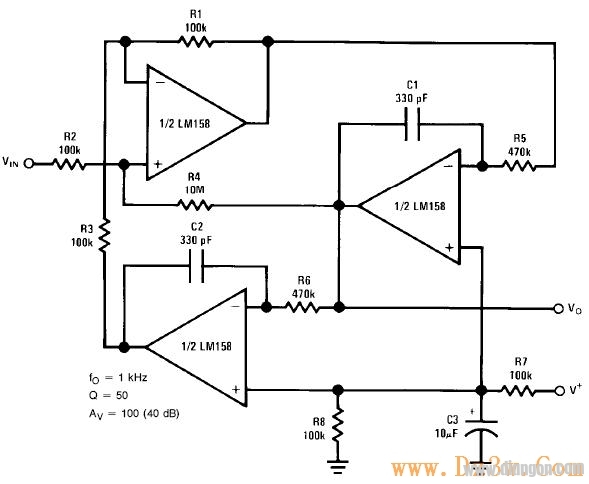 RC active bandpass filter composed of LM358
