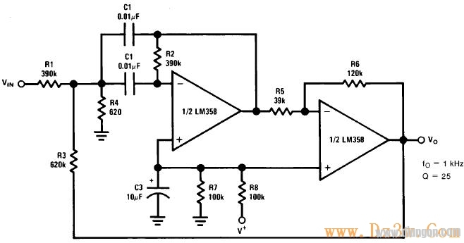 Bandpass active filter composed of LM358
