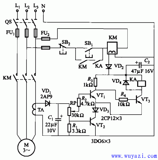 Phase failure and overload protection circuit for detecting line current