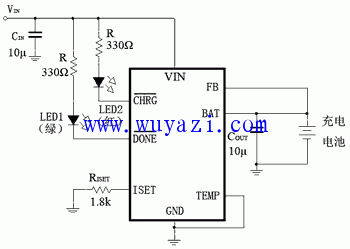 />  Figure 2 Lithium iron phosphate battery charging circuit  Charger uses AC/DC adapter with output DC voltage 5V and output current 1500mA as power supply. Use the red LED as the charging status indicator and the green LED as the charging end indicator. Set the constant current charging current ICH=1000mA, then RISET is: RISET=1800V/1A=1.8kÎ© (1) CIN (10Î¼F) and COUT (10Î¼F) are to ensure the stability of the charger. Input and output capacitors can be used in multilayer ceramic capacitors (MLCC).  This section focuses on the accurate battery voltage detection circuit. 3 is a general battery voltage detecting circuit, and FIG. 4 is an accurate battery voltage detecting circuit. In Figure 3, the BAT terminal is connected to a rechargeable battery, which is internally connected with a resistor divider consisting of R1 and R2. The middle point is an input error amplifier. The battery is precharged, constant current charged and constant voltage according to the actual voltage of the rechargeable battery. Charging. If the charging current during constant current charging is ICH and the voltage at the BAT terminal is VBAT, the voltage of the battery is V'BAT. If the resistance of the metal connection line between the BAT terminal and the positive electrode of the battery is Î”R, the voltage drop of the ICH current from the BAT terminal to the positive electrode of the battery is VDROP = ICH Ã— Î”R, then VBAT = ICH Ã— Î”R + V'BAT ( V'BAT<VBAT). The larger the charging current, the greater the difference between VBAT and V'BAT. The voltage input to the error amplifier is the divided voltage of VBAT instead of the divided voltage of V'BAT, thus generating a detection error of the actual voltage of the battery.  Looking at the circuit of Figure 4, the BAT terminal charges the battery. In addition, a positive terminal of the battery is connected to the FB terminal, and the battery voltage is input to the error amplifier through the R1 and R2 voltage dividers. <img src="http://i.bosscdn.com/blog/20/17/10/251604578540.jpg" alt=