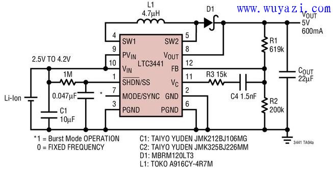 />  The LTC3441 is a high efficiency, fixed frequency buck-boost DC/DC converter that operates efficiently with input voltages above, below or equal to the output voltage. The IC's design topology provides a continuous conversion through all modes of operation, making the product ideal for single-cell Li-Ion applications or multi-cell applications where the output voltage is within the battery voltage range. </p> </div> </div> <div class="tech-detail-share"> <!-- Baidu Button BEGIN --> <div class="bdsharebuttonbox"> <a href="#" class ="bds_qzone" data-cmd="qzone" title="Share to QQ space"></a> <a href="#" class="bds_tsina" data-cmd="tsina" title="Share to Sina Wei Bo"></a> <a href="#" class="bds_weixin" data-cmd="weixin" title="Share to WeChat"></a> <span>Share to:</span> </ Div> <script>window._bd_share_config = { "common": { "bdSnsKey": {}, "bdText": "", "bdMini": "1", "bdMiniList": false, "bdPic": "", "bdStyle": "2", "bdSize": "16" }, "share": {} }; with (document) 0[(getElementsByTagName(