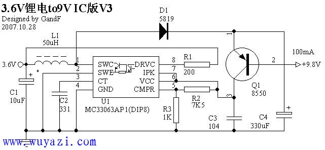 Use MC34063 to do 3.6V electric 9V circuit diagram