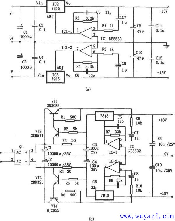 Active servo power supply circuit diagram composed of 7815, 7818, 7915