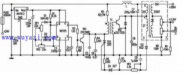 /> The picture shows the 24V power supply pure flat display high voltage power supply. The NE555 constitutes a pulse generator, and the potentiometer VR2 can be adjusted to generate a pulse having a frequency of about 20 kHz, and the potentiometer VR1 can adjust the pulse width. TR1 is the push stage, and the pulse transformer T1 uses reverse polarity excitation, that is, TR2 is turned off when TR1 is turned on, TR2 is turned on when TR1 is turned off, and D3, C9, VR3, R7 and D4, R6, and TR3 form a high voltage protection circuit. VR2 is used to adjust the frequency, and VR2 can be adjusted to adjust the high voltage. VR2 uses precision adjustable resistors. T2 can be used with color TV output transformers. This circuit selects the line output transformer of Toyo SE-1438G series 35cm (14 inch) color TV. The anode voltage of this transformer can reach 20kV, and then the resistance value of R8 is appropriately selected so that the accelerating voltage is +1000V and the resistance of R9 makes focus. The pole voltage is +3.2kV. The entire part is packaged in an aluminum case with an aluminum case grounded to reduce circuit interference. </p> </div> </div> <div class="tech-detail-share"> <!-- Baidu Button BEGIN --> <div class="bdsharebuttonbox"> <a href="#" class ="bds_qzone" data-cmd="qzone" title="Share to QQ space"></a> <a href="#" class="bds_tsina" data-cmd="tsina" title="Share to Sina Wei Bo"></a> <a href="#" class="bds_weixin" data-cmd="weixin" title="Share to WeChat"></a> <span>Share to:</span> </ Div> <script>window._bd_share_config = { "common": { "bdSnsKey": {}, "bdText": "", "bdMini": "1", "bdMiniList": false, "bdPic": "", "bdStyle": "2", "bdSize": "16" }, "share": {} }; with (document) 0[(getElementsByTagName(