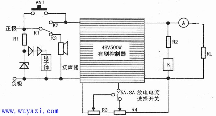 />  In actual use, the positive end of the discharge meter is soldered with a red clip to the positive pole of the battery pack, and the negative end is soldered with a black clip to the negative pole of the battery pack. At this time, the electronic clock starts to sound, and the speaker emits a loud sound. Alarm sound, quickly press ANI (button switch without self-locking), the speaker will no longer beep, and the ammeter should have a discharge current indication. When the voltage of the battery pack drops to 42V, the controller will stop output, the relay K will lose power, the normally open contacts K1 and K2 will be disconnected, the discharge will not continue, the normally closed contacts K1 and K3 will be closed, and the speaker will be loud. The alarm sounds, indicating that the discharge is complete. At this time, record the time displayed by the electronic clock. This time is the discharge time of the battery pack, and then multiply the discharge current by this time to estimate the actual capacity of the battery pack. This method is convenient and practical, and interested colleagues may wish to give it a try. </p> </div> <div class="tech-detail-share"> <!-- Baidu Button BEGIN --> <div class="bdsharebuttonbox"> <a href="#" class="bds_qzone" Data-cmd="qzone" title="Share to QQ space"></a> <a href="#" class="bds_tsina" data-cmd="tsina" title="Share to Sina Weibo">< /a> <a href="#" class="bds_weixin" data-cmd="weixin" title="Share to WeChat"></a> <span>Share to:</span> </div> <script >window._bd_share_config = { "common": { "bdSnsKey": {}, "bdText": "", "bdMini": "1", "bdMiniList": false, "bdPic": "", "bdStyle": "2", "bdSize": "16" }, "share": {} }; with (document) 0[(getElementsByTagName(