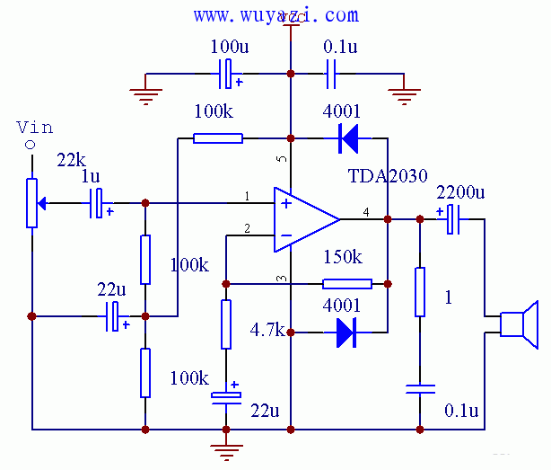 TDA2030 single power connection circuit diagram