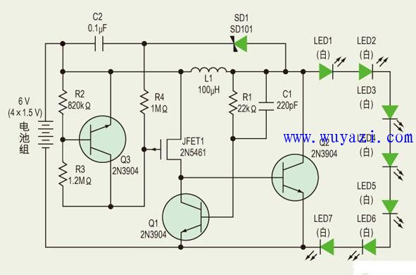 Circuit diagram of driving seven high-brightness white LEDs with a battery pack