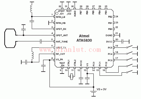 Typical 3V application circuit diagram of ATA5830 using loop antenna