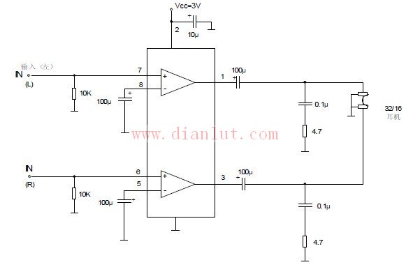 TDA2822 Typical Circuit for Portable Tape Players