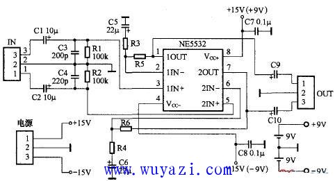 Low power amp circuit diagram made with NE5532