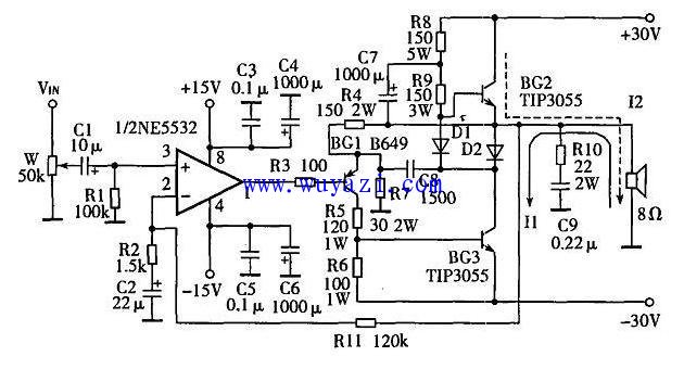 Operational amplifier NE5532 drive PM30 30W power amplifier circuit diagram