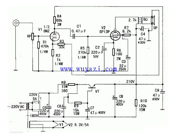 6N2 pushes 6P13P single-ended tube power amplifier circuit diagram