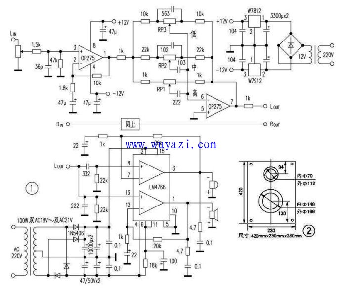 LM4766 electronic two-way power amplifier and speaker production circuit diagram