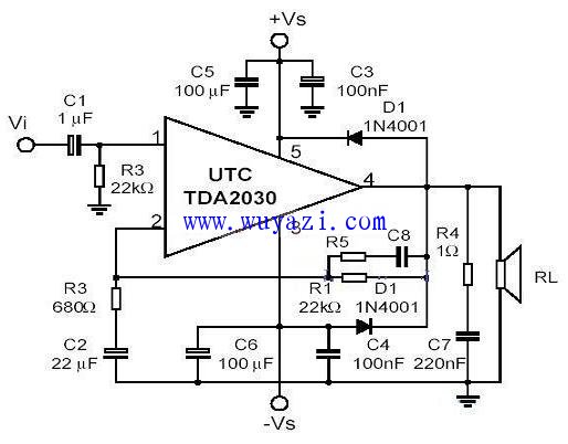 TDA2030 audio power amplifier circuit diagram