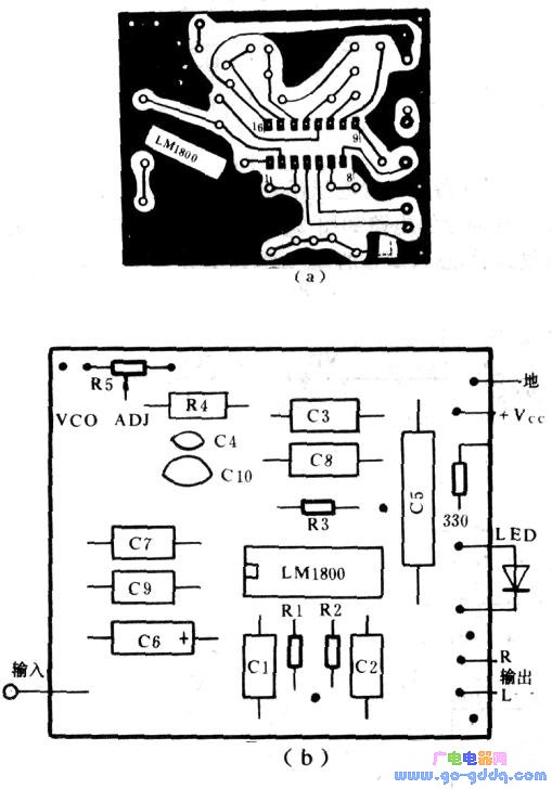 Printed board diagram of LM1800 typical application circuit