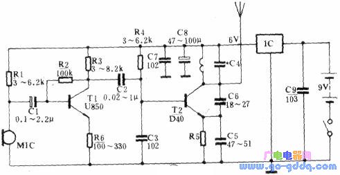 FM radio microphone consisting of two ordinary transistors