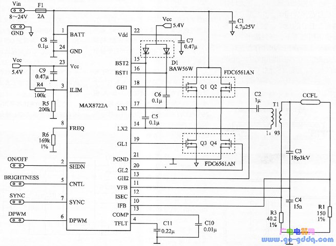 CCFL full bridge driver circuit using MAX8722A