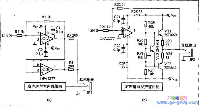 Two application schematics of the OPA2277 for headphone amplifiers