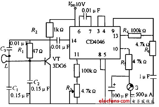 Metal detector circuit composed of CD4046