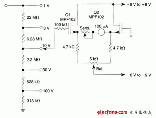 Low drift high impedance JFET DC voltmeter circuit