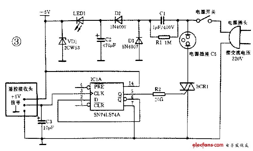 Remote control circuit composed of 74LS74