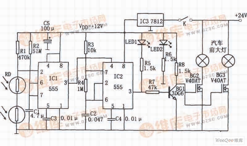 Automobile headlight automatic controller circuit composed of 555