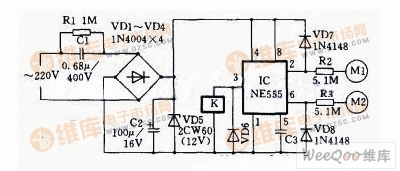 Double-key touch switch circuit fabricated by 555 time base circuit