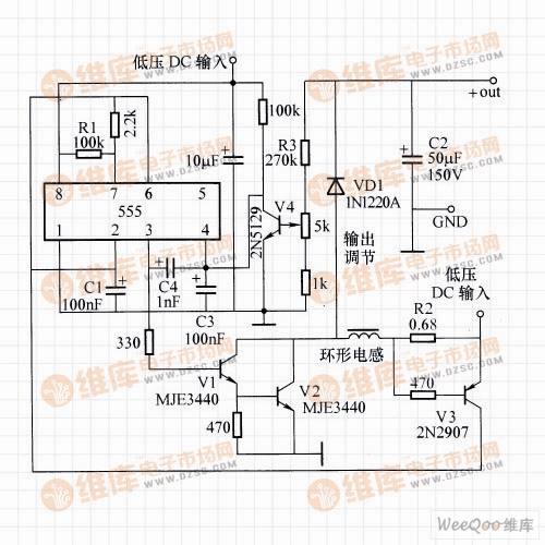 Step-up switching regulator circuit composed of 555 timer