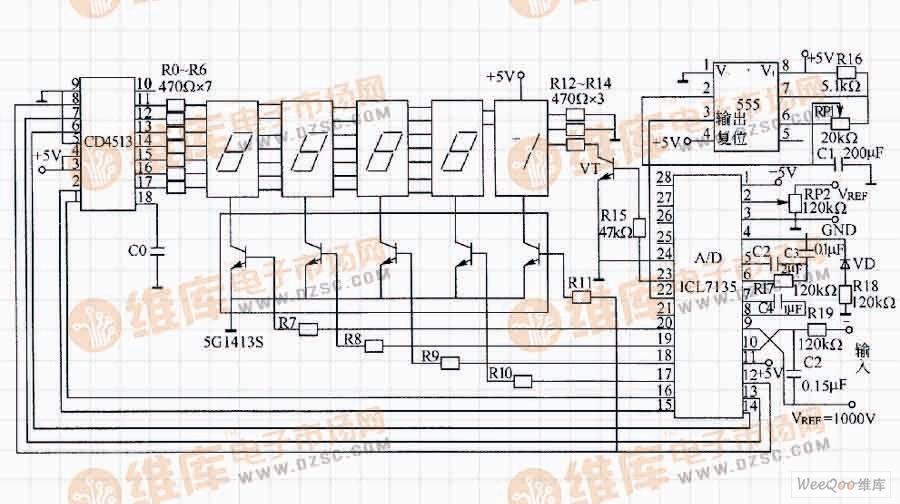 Digital voltmeter circuit composed of 555 base time circuit and digital tube