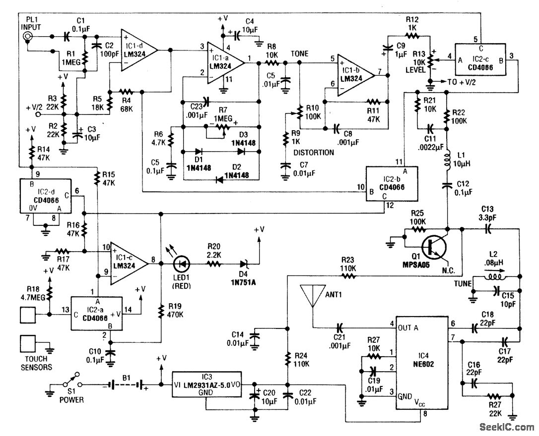 Wireless guitar transmitter circuit