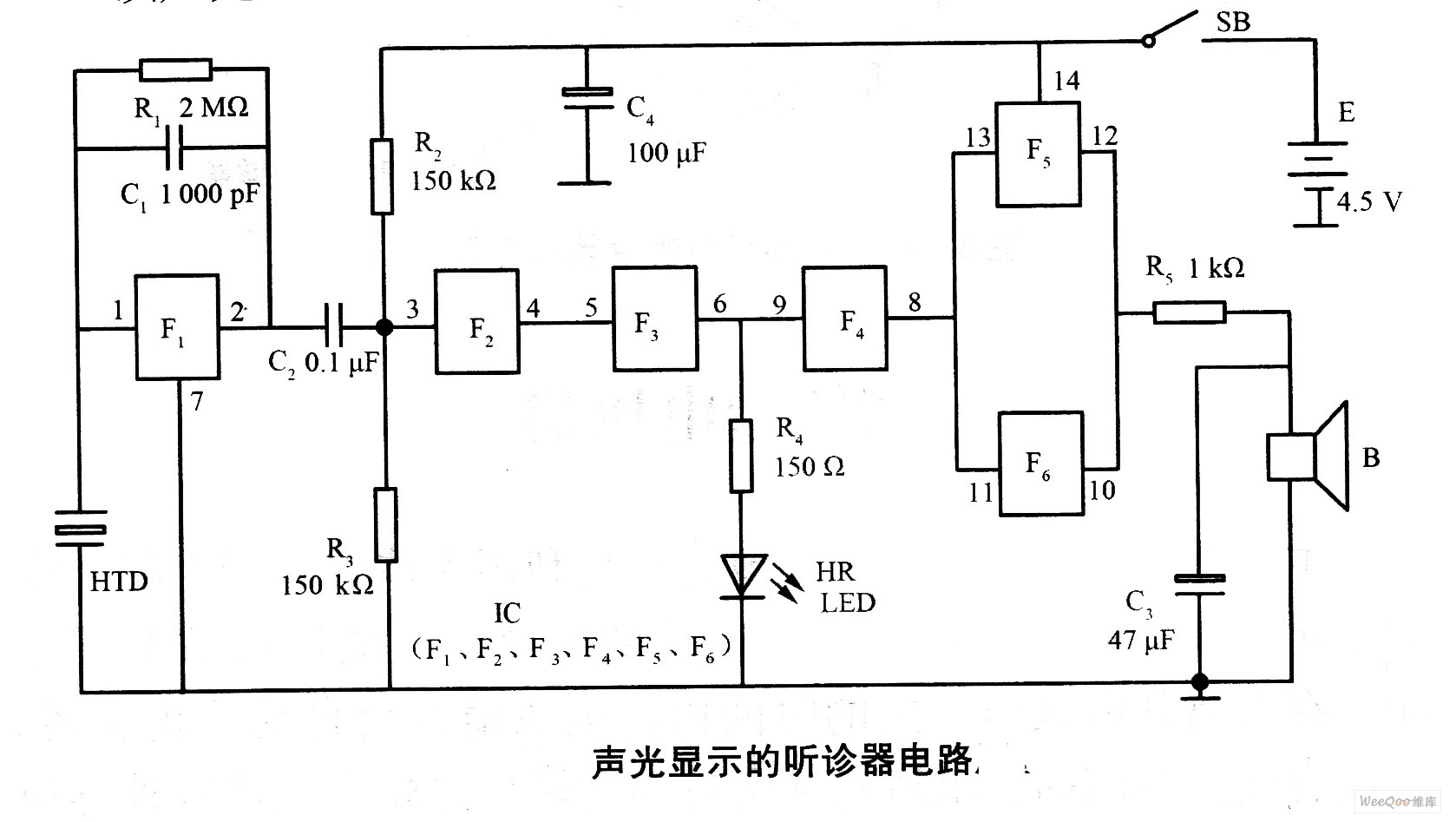 Acousto-optic display stethoscope circuit