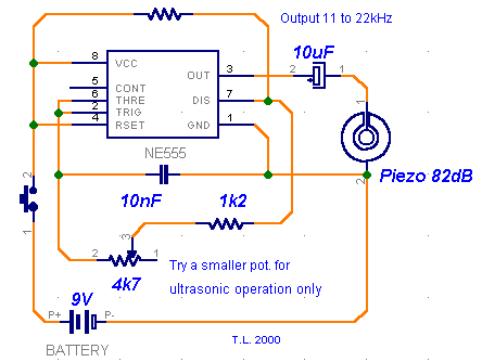 Simple NE555 ultrasonic dog walker circuit