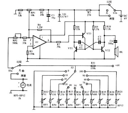 Principle circuit diagram of auditory voltmeter