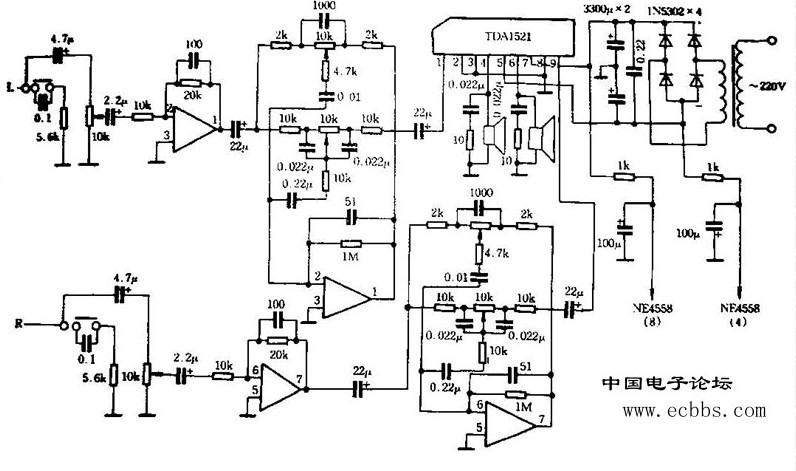 Power amplifier circuit diagram assembled with TDA1521