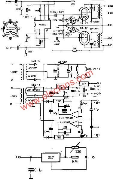 Schematic diagram of the tube power amplifier circuit driven by NE5532