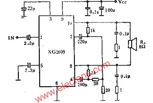 Multifunctional XG2009 two-channel audio power amplifier circuit