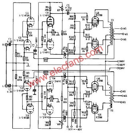 Schematic principle of a HI-FI tube power amplifier circuit