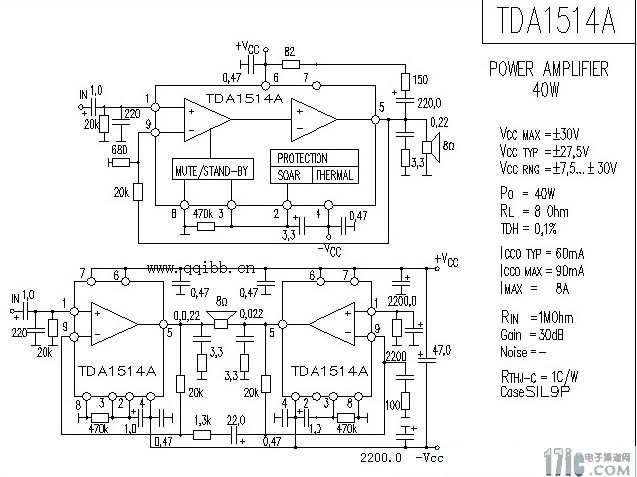 Philips TDA1514A power amplifier circuit and adjustment method