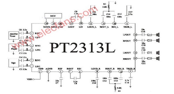 Subwoofer circuit diagram designed by PT2313