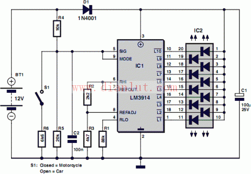 Car and motorcycle battery tester circuit diagram