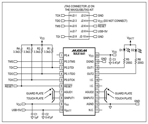 JTAG interface to connect a MAX1441 application circuit and MAXQUSBJTAG-KIT board