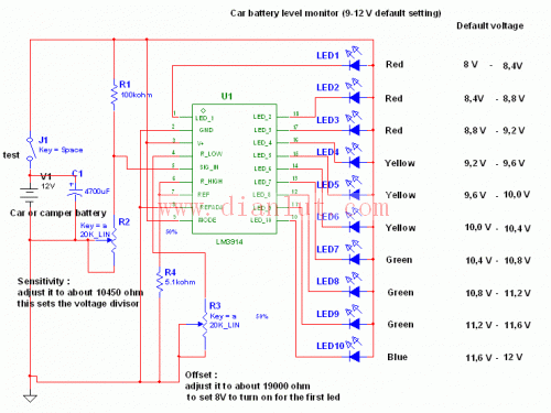 Simple and reliable car battery tester circuit schematic