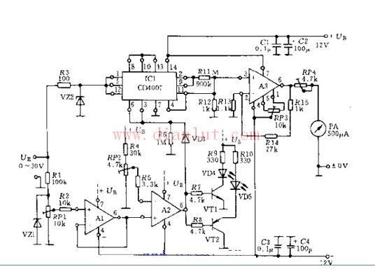 Electronic voltmeter circuit based on CD4007