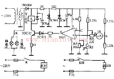 Negative temperature coefficient thermistor temperature measurement and temperature control circuit schematic