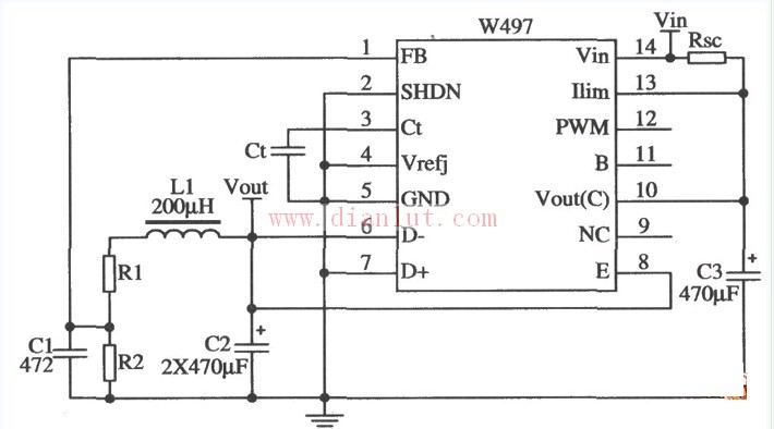 Circuit diagram of step-down switching regulator based on W497