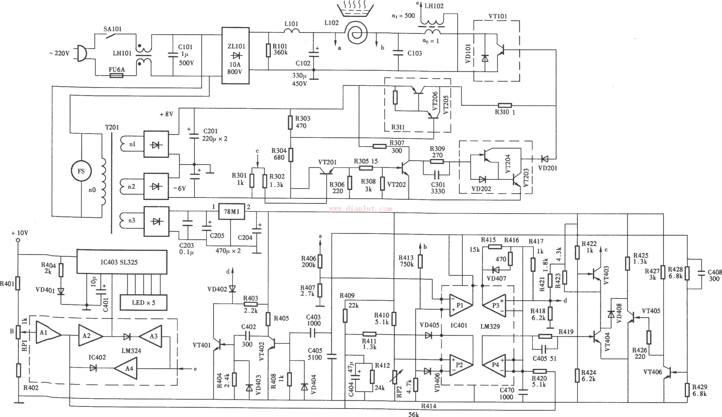 Schematic diagram of HF-10A induction cooker circuit composed of SL325