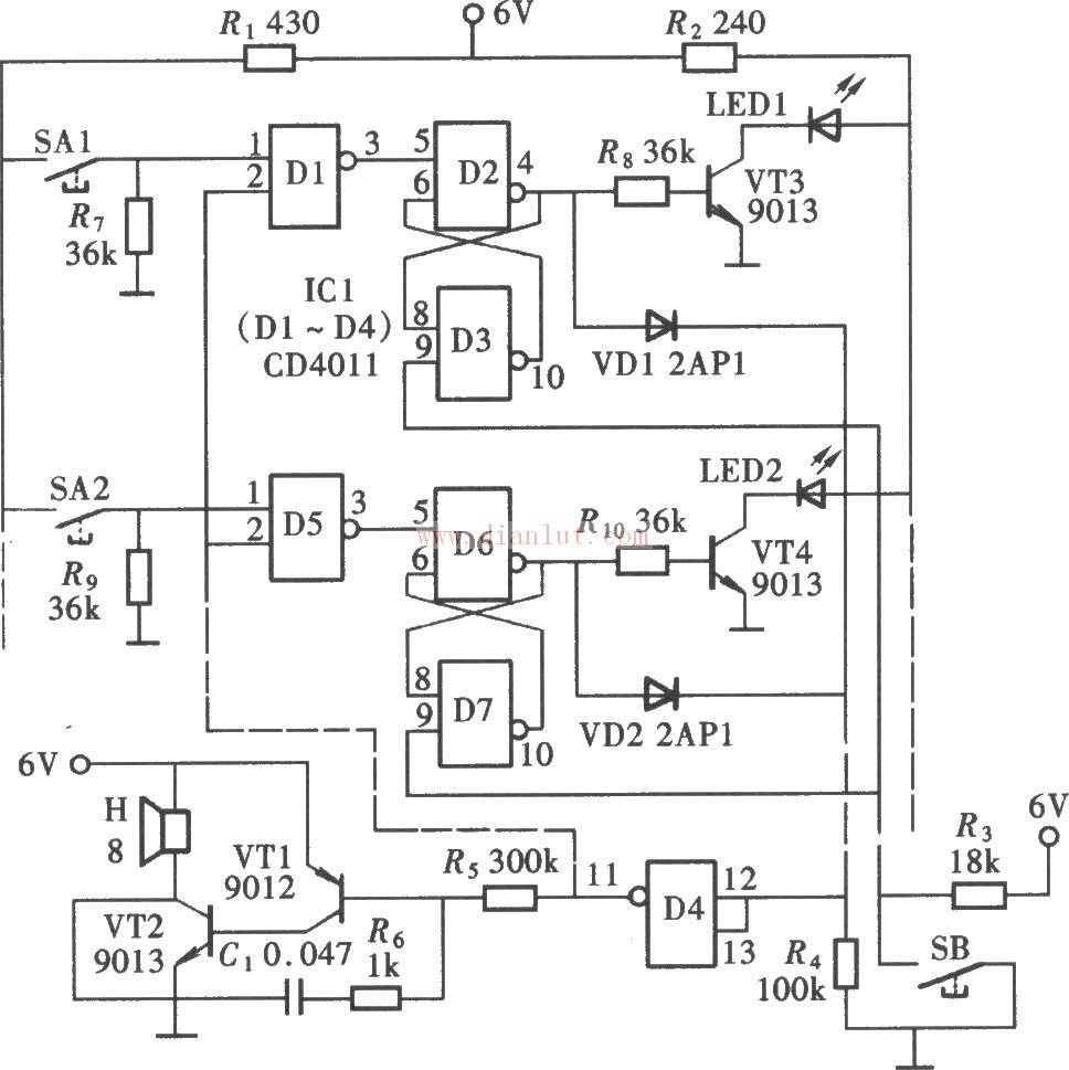 A responder composed of NAND gates (CD4011)