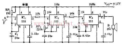 Intermittent monophonic audio and video circuit based on 555 chip