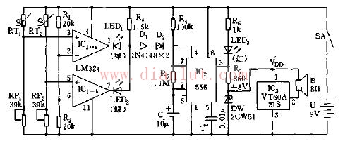 Multi-point temperature upper limit sound and light alarm circuit